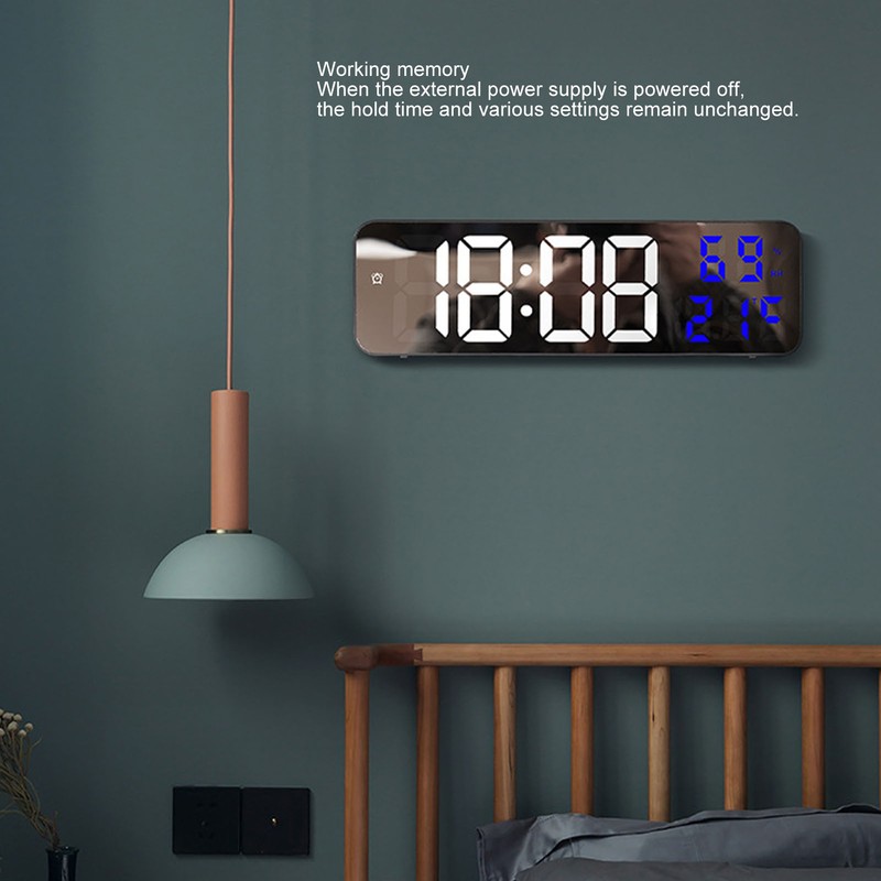 LED 9.1in Mirror Clock Multifunctional Digital Alarm Date Humidity Clock