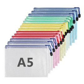 Euleryoo 15 Stück Dokumententasche mit Reißverschluss A5, Wasserdichte Bunte Document Case, Datei Tasche Kunststoff für Dokumente, Quittung, Papier, Schule, Prüfungsblatt, Kosmetik, Reise (5 Farben)