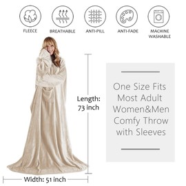 Wearable Fleece Blanket with Sleeves for Adult Women Men, Super Soft Comfy Plush TV Blanket Throw Wrap Cover for Lounge Couch Reading Watching TV 73" x 51" Latte/Beige