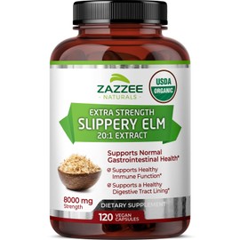 Zazzee USDA Organic Slippery Elm Bark 20:1 Extract, 8000 mg Strength, 120 Vegan Capsules, 4 Month Supply, Standardized, Concentrated 20X Extract, 100% Vegetarian, All-Natural, Non-GMO, Made in the USA