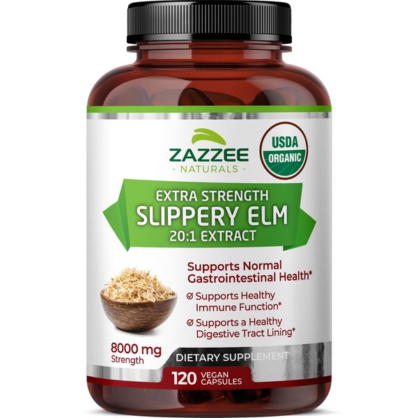 Zazzee USDA Organic Slippery Elm Bark 20:1 Extract, 8000 mg