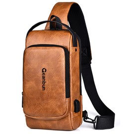 Geanbun Sling Bag for Men Anti-Theft USB Crossbody Backpack Waterproof Chest Daypack Lightweight Shoulder Bag (Brown)