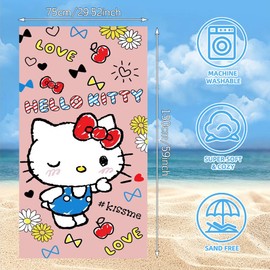 Hellokiitty Beach Towels, Hellokiitty Microfibre Beach Towel Velour Towel Swimming Shower Towel Lightweight Thin Portable Sauna Towel Beach Swimming Kids PoolTowel Beach Blanket for Kids(75 x 150cm)