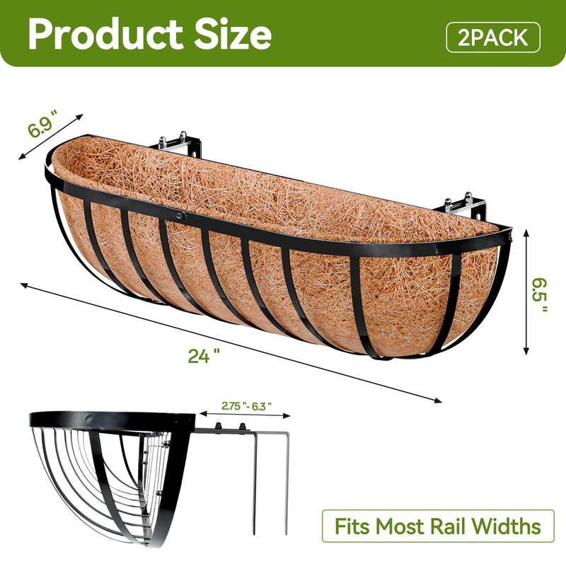 Halatool 24 Inch Railing Planter Box, 2 Pack Trough Planter