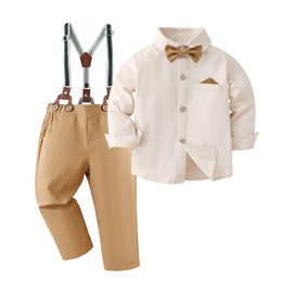 DISAUR Boys Dress Suit Boys Wedding Guest Outfit For Boys Beige Boy Dress Shirt With Bowtie/Suspender Pants 7-8 Years