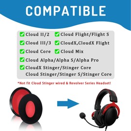 Adhiper HyperX Cloud II Ohrpolster kompatibel mit Kingston HyperX Cloud II/2-Kopfhörern, Ersatz-Ohrpolster aus Komfort-Flanell und Memory-Schaum (Schwarz+Rot)