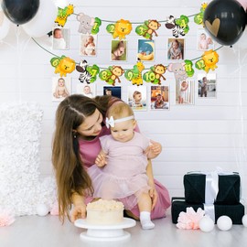 1st Birthday Baby Photo Banner for Newborn 1 to 12 Months, Jungle Animal Monthly Milestones Photograph Bunting Garland, First Birthday Celebration Photo Booth Props Party Decoration