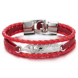 COOLSTEELANDBEYOND Feather White Braided Leather Bracelet for Men Women Three-Row Leather Wristband