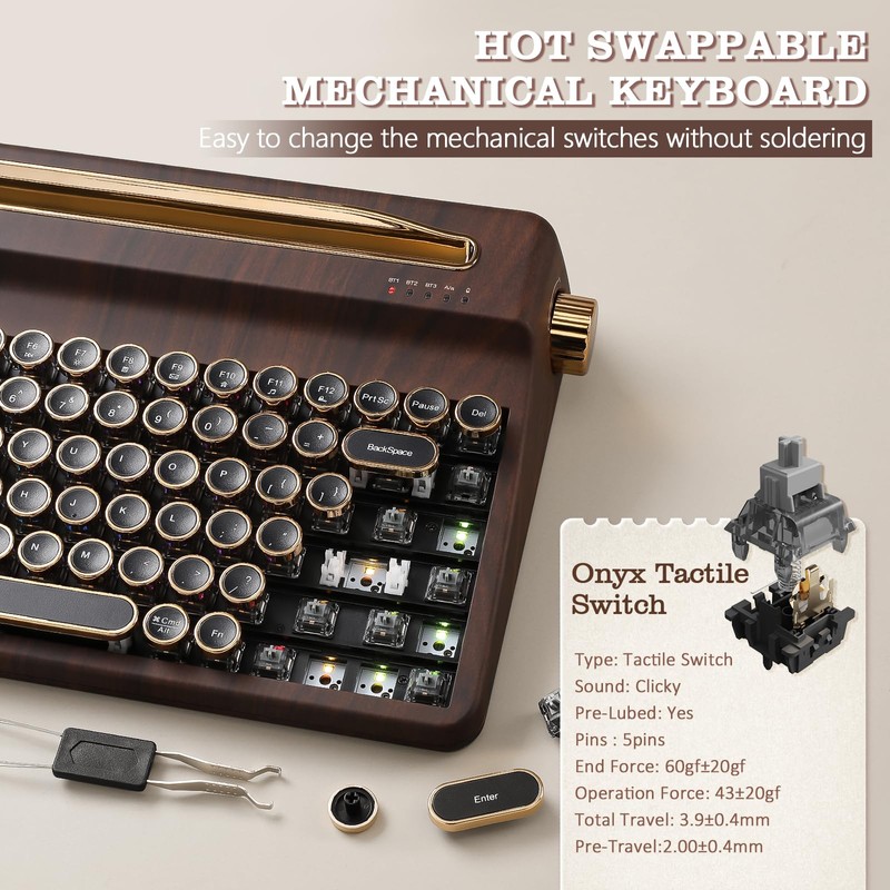 YUNZII QL75 Wireless Typewriter Hot Swap Retro Mechanical Keyboard,Punk Round