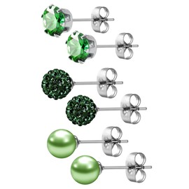 JewelrieShop Cubic Zirconia Rhinestones Crystal Ball Faux Pearl Birthstone Stud Earrings for Women - Hypoallergenic Stainless Steel Earrings - 3 Pairs - Green (May.)