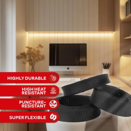 XFasten Wire Loom 3/4 Inch 25ft – PET Expandable Braided Cable Sleeve – Pet Chew Proof Cord Protector for Audio, Video, PC, TV, Automotive Wire Management – Black Cord Wrap