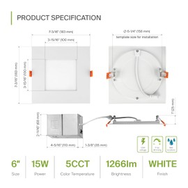 ASD 6 Pack LED Recessed Square Ceiling Light 6 Inch with Round Back, 5 CCT 2700K-5000K, Ultra-Thin Dimmable Wafer Lights with Junction Box, 15W 1266LM Canless Recessed Lighting, Slim LED Downlight, UL
