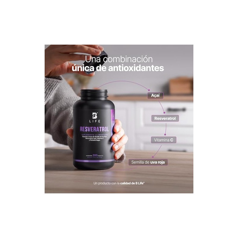 Life Resveratrol 200 Cápsulas Antioxidante 1000mg Por Porción Pimienta Negra