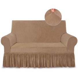 NICEEC Loveseat Cover Super Soft 1-Piece Light Coffee Slipcover for Loveseats Stretch Universal Spandex Couch Covers for Living Room Easy Fit Washable Furniture Sofa Protector with Skirt