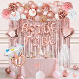 Rose Gold Bachelorette Party Decorations Supplies, Bride To Be Bridal Shower Decorations，Veil, Fringe Curtains, Confetti and Diamond Ring Balloon， Heart foil ,star aluminum foil balloons.