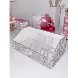 TISHAA Bling Dazzling Stylish Rhinestone Makeup Lipstick Organizer for Desk, Vanity (White Large)