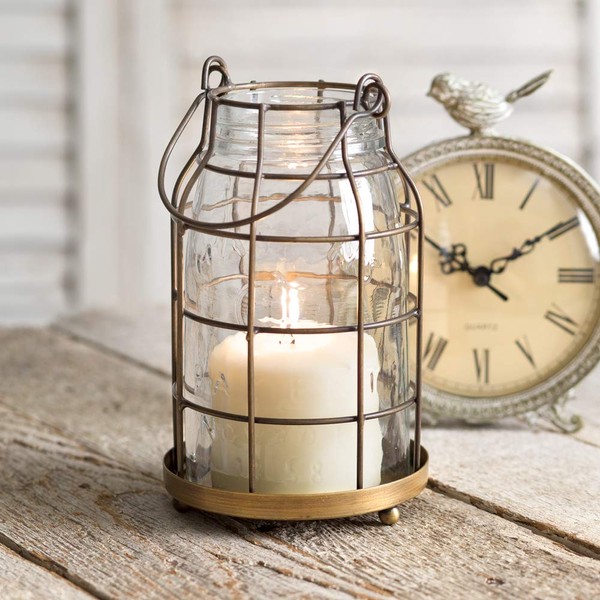Attractive and Graceful Quart Mason Jar Candle Cage -Antique Brass Metal Lantern Candle Holder with Clear Glass, Rustic Indoor / Outdoor Light for Your Home Decor - Modern Rustic Vintage Farmhouse (1)