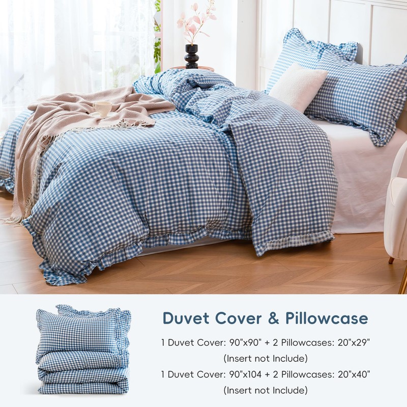 100% Cotton Ruffle Gingham Duvet Cover Sets Classic Checkered Queen