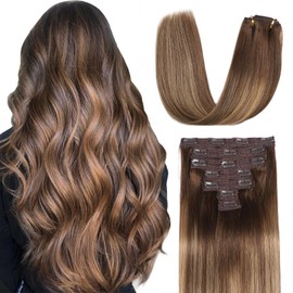 Sisily Clip in Hair Extensions Real Human Hair, 22 inch 120g, Chocolate Brown to Blonde Balayage, 100% Brazilian Remy Human Hair Clip in Extensions Soft Straight 7pcs Per Set with 16 Clips Double Weft