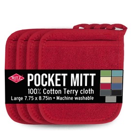 Ritz Terry Pocket Mitt & Hot Pad: Unparalleled Heat Resistant, Durable 100% Cotton – Ergonomically Designed for Optimal Grip – Easy-Care Machine Washable, Perfect for Your Kitchen – Paprika Red, 4-Pk