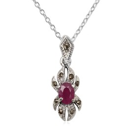 EYS JEWELRY® Women's Art Nouveau Necklace 27 x 9 mm Ruby Marcasite 925 Sterling Silver Red in Case Women's Necklace Pendant, Sterling Silver, Ruby
