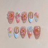 Flower Press on Nails Pink Blue Gradient Medium Almond Fake