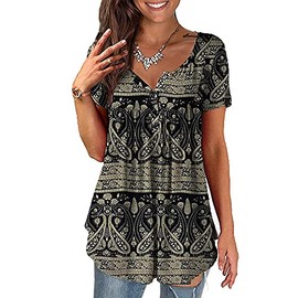 Baina Women's T-Shirt with Floral Print, V Neck Summer Top, Casual, Loose, Plus Size Tunic Tops for Women, Long Shirt, Oversize Blouse with Short Sleeves, M - 4XL Size - black, size: l