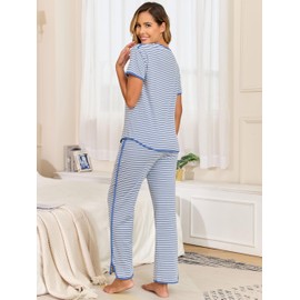 Donnalla Pajamas for Women Set Cotton 2 Piece Stripe Pj Sets Short Sleeve Lounge Pajama Set 2025 Fall Winter Loungewear Sleepwear with Pockets Blue
