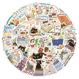 XIAOQINGXIN Cats and Books Stickers for Water Bottles 60 Pcs Cute,Waterproof,Aesthetic,Trendy for Teens,Boys and Girls Perfect for Phone,Pianos,Violin,Suitcase,Laptops,Guitar,Bicycles,and Scooters.