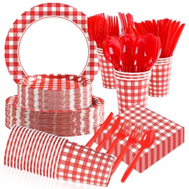 Grencian 168Pcs Red and White Gingham Party Decorations Red and White Checkered Buffalo Plaid Plates Napkins Cups Forks Knives Spoons Tableware for Picnic Baby Shower Birthday Party Supplies Serves 24