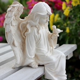 JARPSIRY Angel Garden Statue, Sitting Angel Sculpture, Resin Angel with Bird Figurine for Patio Yard Porch Lawn Outdoor Decor Home Shelf Sitter Memorial Spiritual Gifts