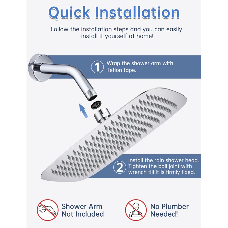 14 Inch All Metal Rectangular Rain Shower Head, Large Rainfall