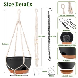 Hanging Planters for Outdoor Indoor Plants, 2 Pack 12 Inch Hanging Basket Plants Outdoor, Self Watering Hanging Planter with Plant Hanger for Garden Home Decoration (2 Type Plant Hangers Black)