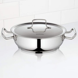 Borosil - CFFK24SS12 Stainless Steel Flat Kadhai with lid, Impact Bonded Tri-Ply Bottom, 2.8 L, Silver