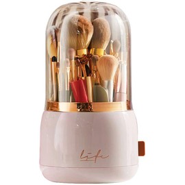Bingobang Makeup Organiser Brush Holder 360 Degree Rotatable with Dustproof Lid, Spinning Cosmetic Organiser Acrylic Storage for Lipstick, Lip Gloss, Eyeliner, Bedroom, Bathroom (Pink)
