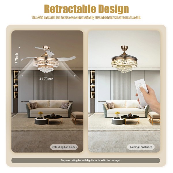 LED Crystal Ceiling Fan Chandelier Retractable Fan Lamp w/ Remote