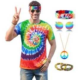 Mainfini Hippie Costume for Men 60s 70s Outfits Adult Colourful Clothing (S-XXL), Multicoloured - Rainbow 6 Piece Set