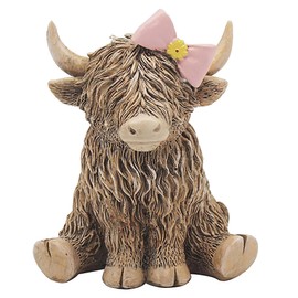 Reflections Bronze Resin Animal Ornament - 12cm Highland Cow With Pink Bow 6525