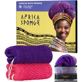 Esponja de red africana auténtica, 2 piezas, esponja de lufa exfoliante africana real con nudos, paños de lavado de red africana para exfoliante corporal, exfoliante de espalda morado y rosa para
