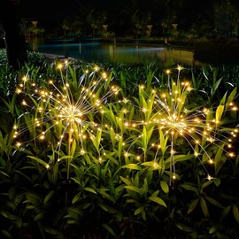 Fosingut Garden Decoration Solar Fireworks Light, Pack of 2 120 LEDs Solar Garden Light Outdoor, Waterproof Solar Lights Garden Lights, Warm White Dandelion Solar Lights for Outdoor Paths, Lawn,