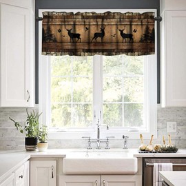 JanJCurt Black Deer Valance, Rustic Cabin Stone Brick Wall Wooden Board Farmhouse Forest Wild Animal Deer Birds Print Blackout Window Curtain for Home Livingroom Bedroom, 54x18inch