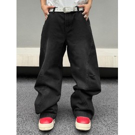 DFGIGT Men's Irregular Sutures Y2k Hip Hop Baggy Jeans Wide Leg Denim Pants Casual Loose Fit Trousers Streetwear 2000s Extreme Motion Relaxed Fit Sport Skater Jogging Skateboard,A10 Black,Medium
