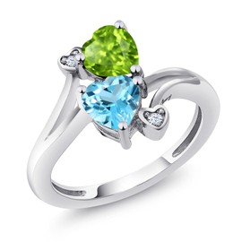 Gem Stone King 925 Sterling Silver Green Peridot Swiss Blue Topaz Ring For Women (1.81 Cttw, Heart Shape 6MM, Gemstone August Birthstone, Available In Size 5, 6, 7, 8, 9)