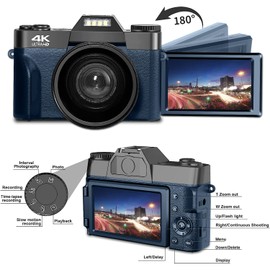 eDealz 4K 56MP Digital Camera Kit for Photography, Vlogging Camera YouTube with Flip Screen, WiFi, Wide Angle & Macro Lens, 64GB Micro SD Card, 50" Tripod, Case, Card Reader, Microphone, LED (Navy)