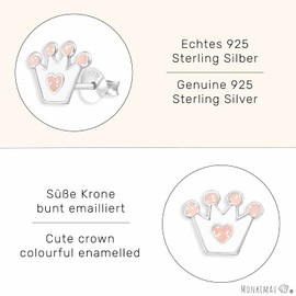 Monkimau Children's Earrings Princess Crown Stud Earrings 925 Sterling Silver White Pink Enamelled, Sterling Silver
