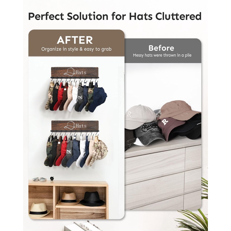 FANGSUN Hat Rack for Wall, Wooden Baseball Cap Organizer with