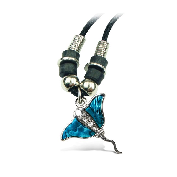 Puzzled Blue & Silver Aqua Manta Ray Necklace, 20 Inch Fashionable & Elegant Wild Style Chain Jewelry with Genuine New Zealand Paua Shell Unisex Fashion Neck Accessory