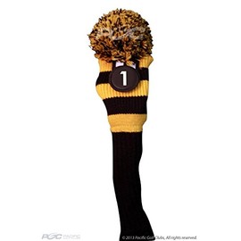 Majek #1 Hybrid Rescue Utility Black & Yellow Golf Headcover Knit Pom Pom Retro Classic Vintage Head Cover