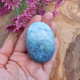 Shelf & Stone Ruby Fuchsite Polished Decorative Palmstone, Ideal Stone for Love, Positive Growth, and Individuality. Approx. 2.8" x 1.8" x 1”, 105-140g, New Inventory