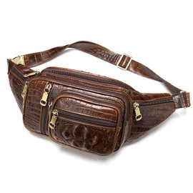 Genuine Leather Extra Large Fanny Pack Plus Size Sling Waist Pack Hip Belt Bag for Women and Men Crocodile Embossed Coffee